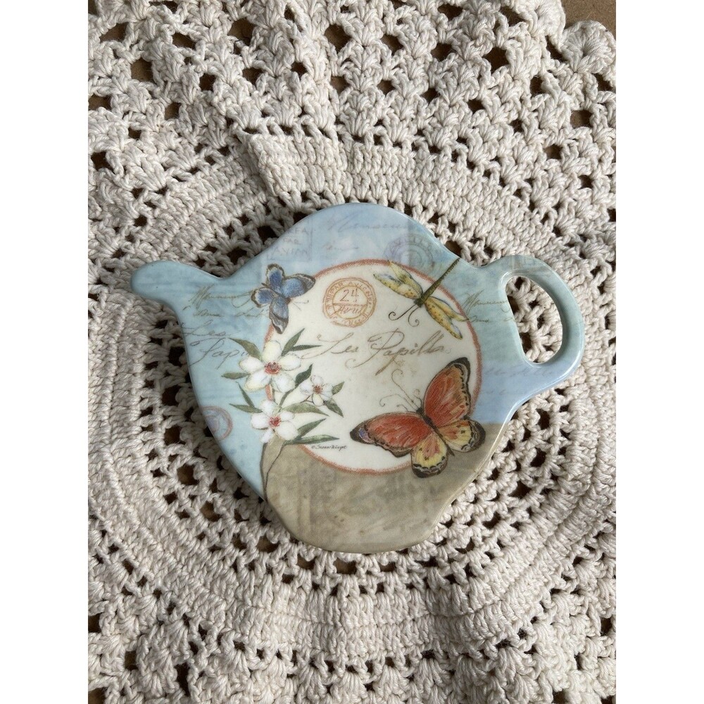 VTG Teapot Shaped Tea Bag Rest Spoon Holder Melamine Butterfly Dragonfly Flowers
